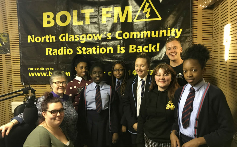 Rt Rev Susan Brown with young people in the studio of Bolt FM