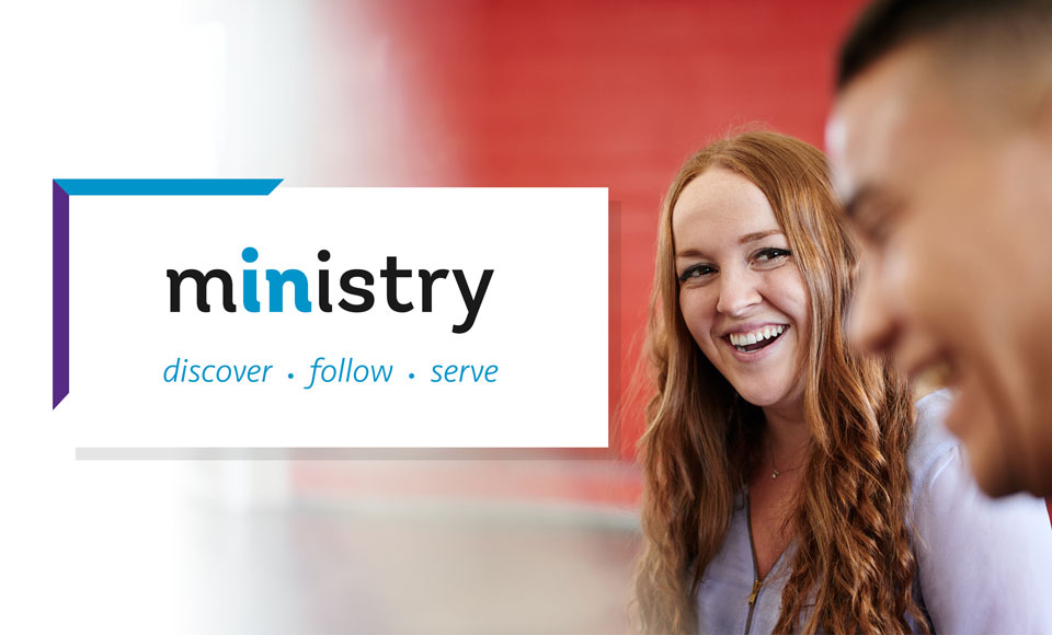 A woman next to a logo saying: ministry - discover, follow, serve.
