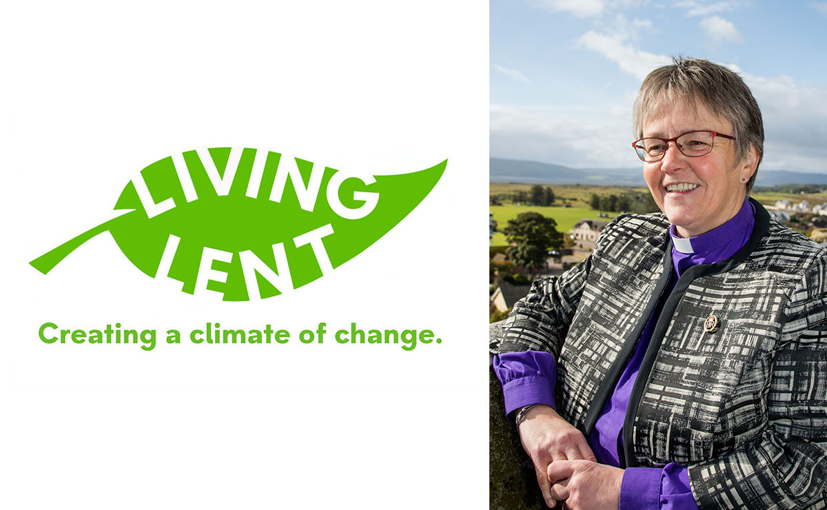 Rt Rev Susan Brown at Dornoch Cathedral next to the Living Lent logo