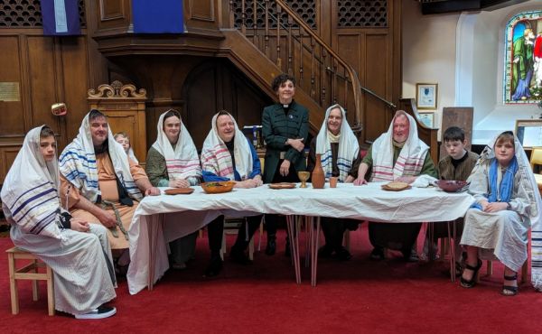 Moderator of the General Assembly of the Church of Scotland Rt Rev Sally Foster-Fulton with the Drama Kirk Cast in a re-enactment of the Last Supper.