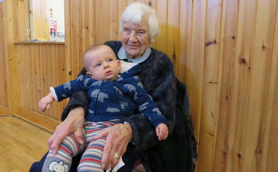 Mona Brown 101, with baby Alister at Acharachle and Ardnamurchan Messy Church