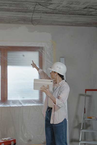 Woman With Tablet Pointing To Wall