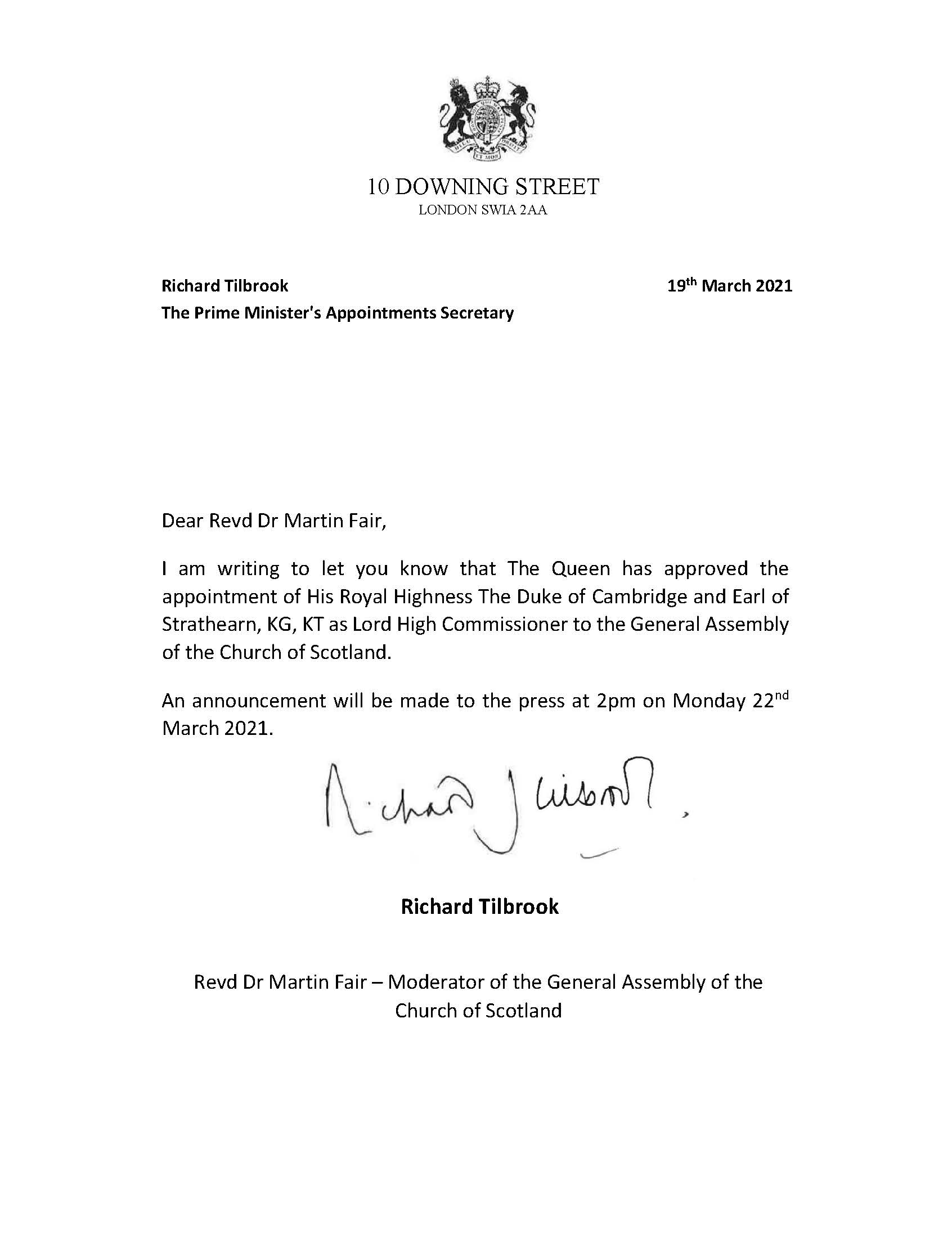Announcement letter from 10 Downing Street