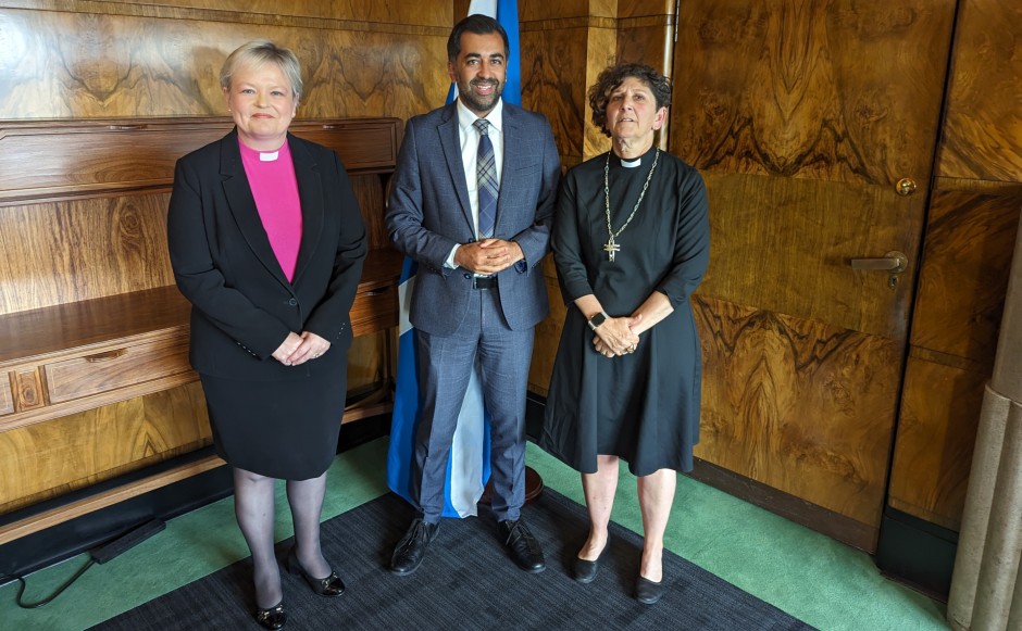 Rt Rev Sally Foster-Fulton with Humza Yousaf and Rev Fiona Smith