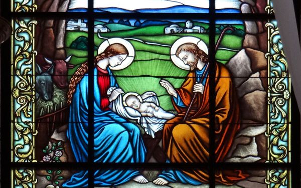 Nativity scene stained glass window