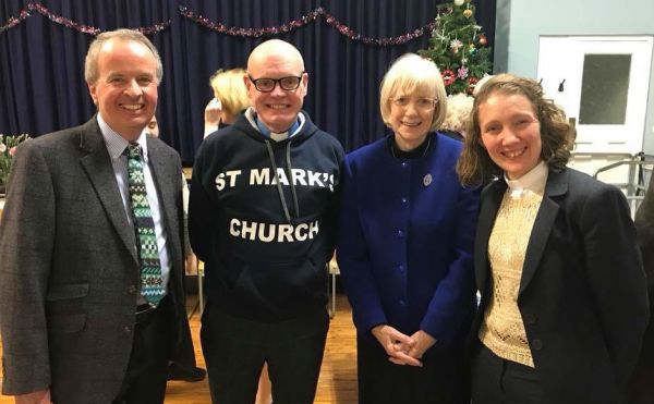 Group photo with Session Clerk David Russell, Rev Barry Hughes wearing the hoodie he was presented with, Jean Porter DCS and Rev Ellen Larson Davidson