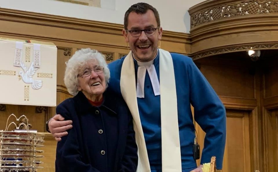 Mrs Marion Dawson with Rev Gary Noonan celebrating her 107th birthday last year in church.