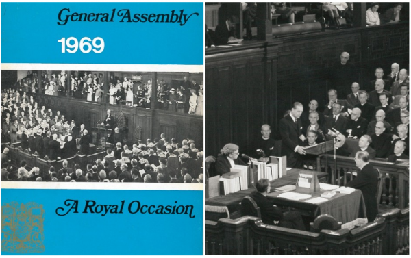 A picture of the front cover of a 1969 commemorative booklet marking the General Assembly and another of Prince Philip speaking