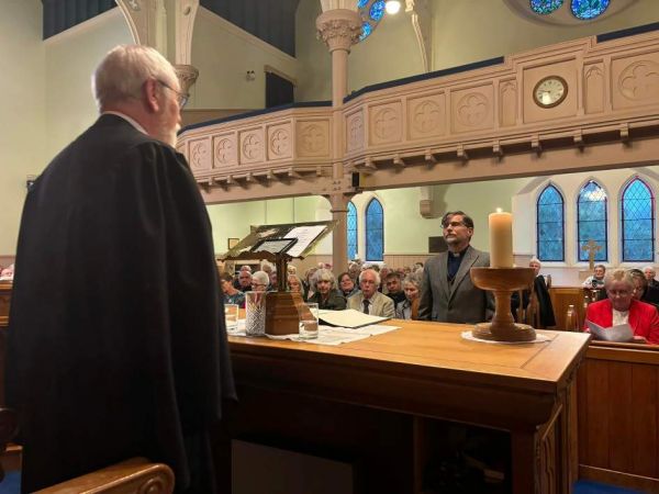 Rev Tim Podger (second from left) with Perth Presbytery clerk Rev Dr John Ferguson, Strathmore minister Rev Carleen Robertson,  Rev Dr Karen Fenwick, who preached the sermon, and Perth Presbytery Moderator Rev Alan Reid.