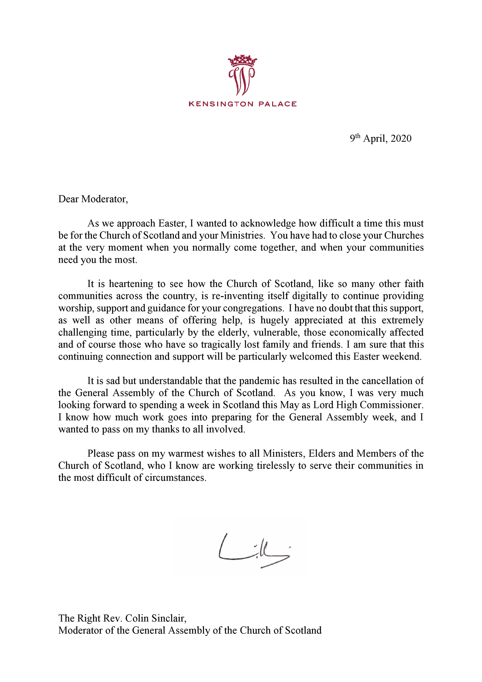 HRH Prince William Letter to Moderator